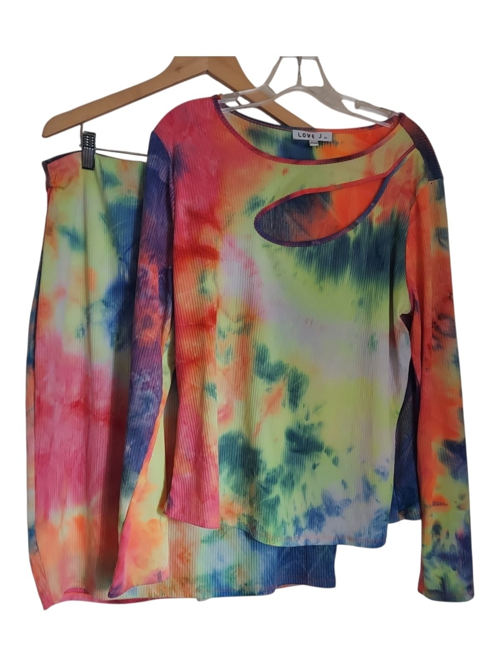 love J Women’s Neon Tie-Dye Key Hole Long Sleeve Top Midi Skirt Set